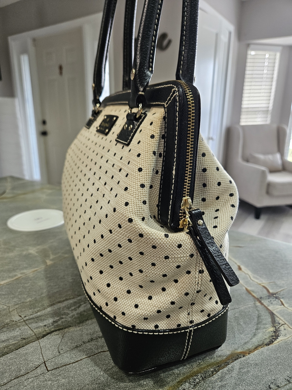 Kate Spade NY Black & White Polka Dot Canvas Satchel | Top Handle Bag-Large - Picture 15 of 17